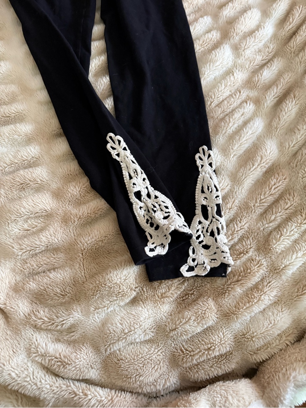 Black Leggings with White Crochet Hem
